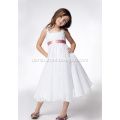 A-line Wide Straps Tea-length Taffeta Lace Ribbons Flower Girl Dress aaaa